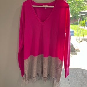 Lilly Pulitzer Hot Pink and Light Gray V-Neck Sweater with Fringe